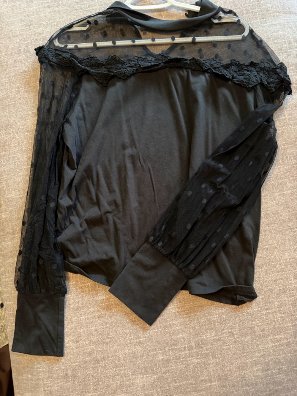 Black Sheer Dot Lace Yoke Long-Sleeve Top - Women